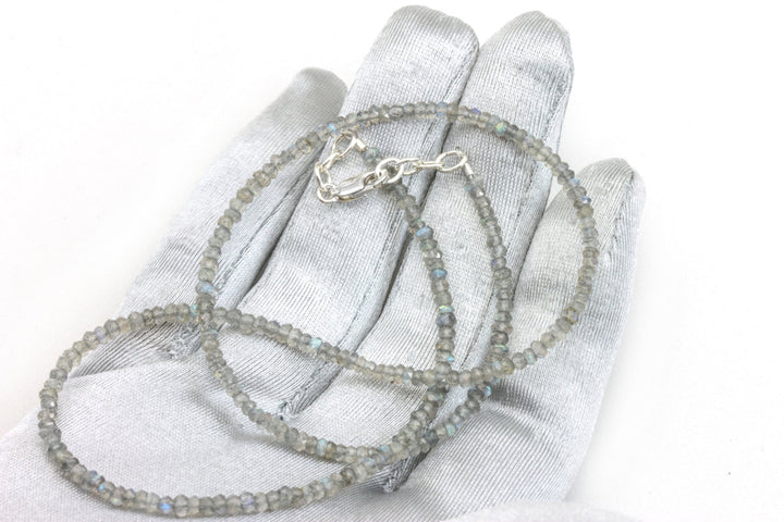 Labradorite Necklace Solid Strand Micro Faceted 18 19 Inch 14k gold filled or Sterling Silver AAA Blue Flash Cut Contemporary Design