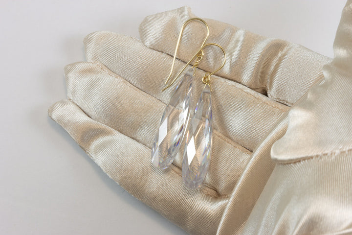 Clear Cubic Zirconia Earrings Simulated Diamond Long Large Teardrop AAA CZ Sterling Silver or 14k Solid Gold or Filled Faceted Drops 2 Inch