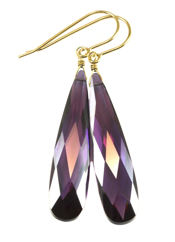 Purple Amethyst Cubic Zirconia Earrings Long Large Tear Drop  AAA CZ 14k Solid Gold or Filled or Sterling Silver Faceted Simple 2 Inch Drops