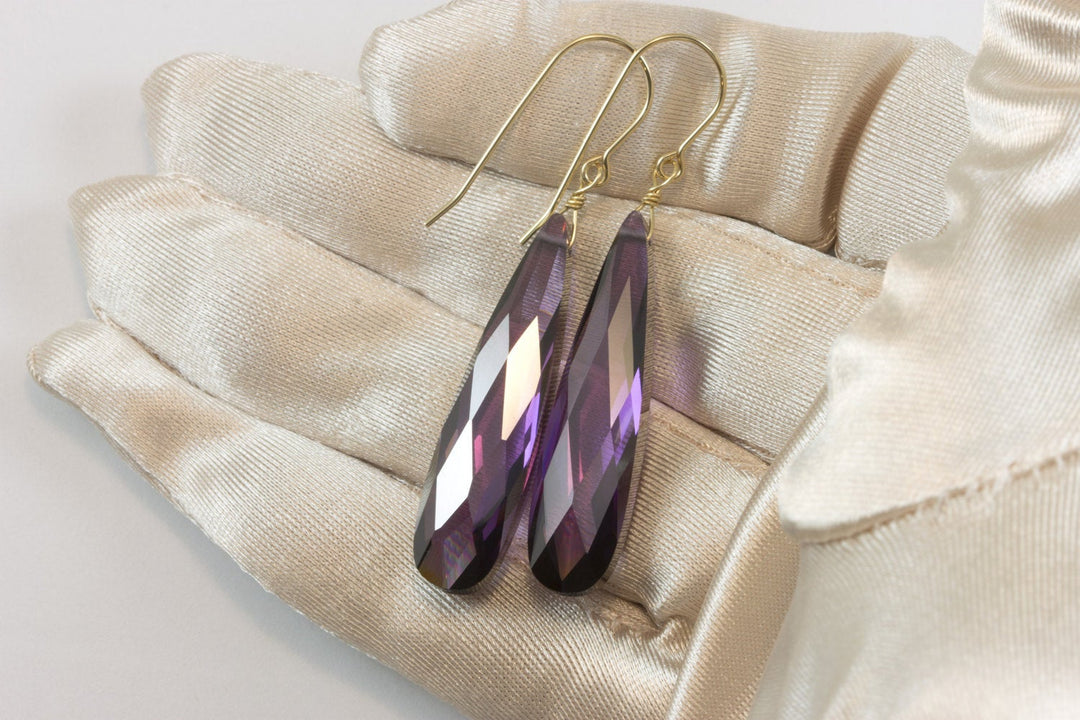 Purple Amethyst Cubic Zirconia Earrings Long Large Tear Drop  AAA CZ 14k Solid Gold or Filled or Sterling Silver Faceted Simple 2 Inch Drops