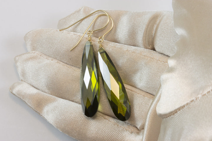Peridot Green Cubic Zirconia Earrings Long Large Teardrops  AAA CZ 14k Solid Gold or Filled or Sterling Silver Faceted Simple 2 Inch Drops