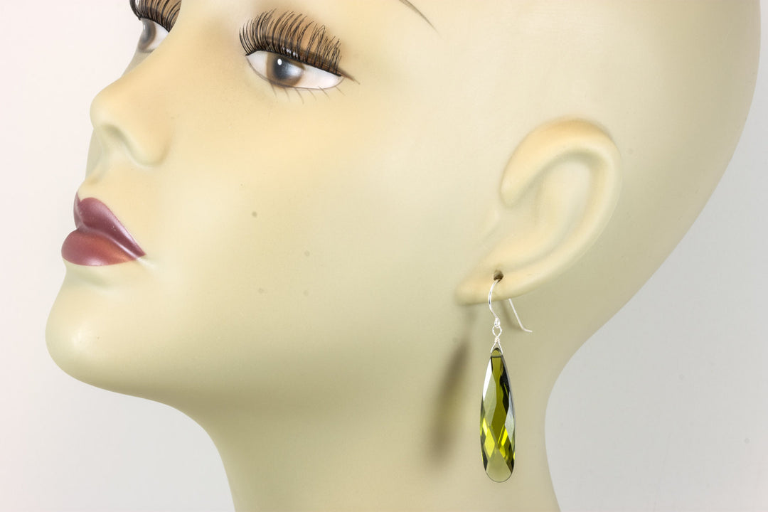 Peridot Green Cubic Zirconia Earrings Long Large Teardrops  AAA CZ 14k Solid Gold or Filled or Sterling Silver Faceted Simple 2 Inch Drops
