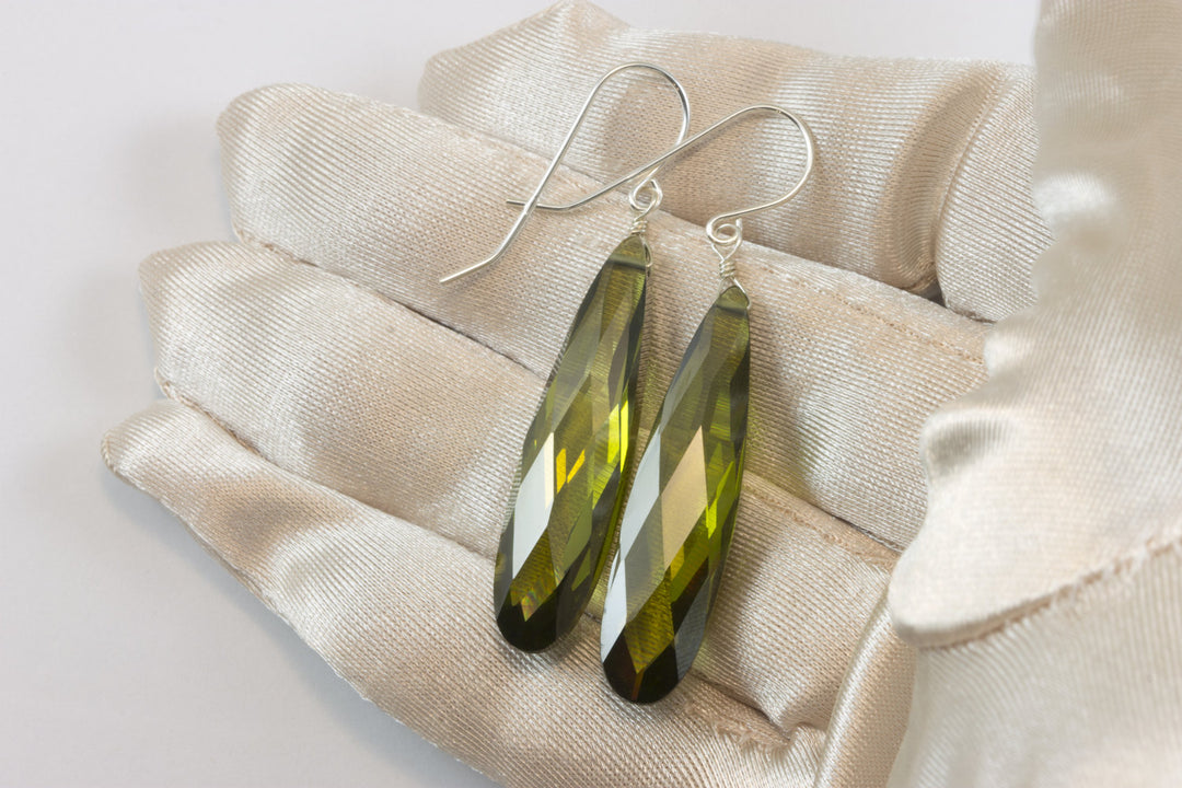 Peridot Green Cubic Zirconia Earrings Long Large Teardrops  AAA CZ 14k Solid Gold or Filled or Sterling Silver Faceted Simple 2 Inch Drops