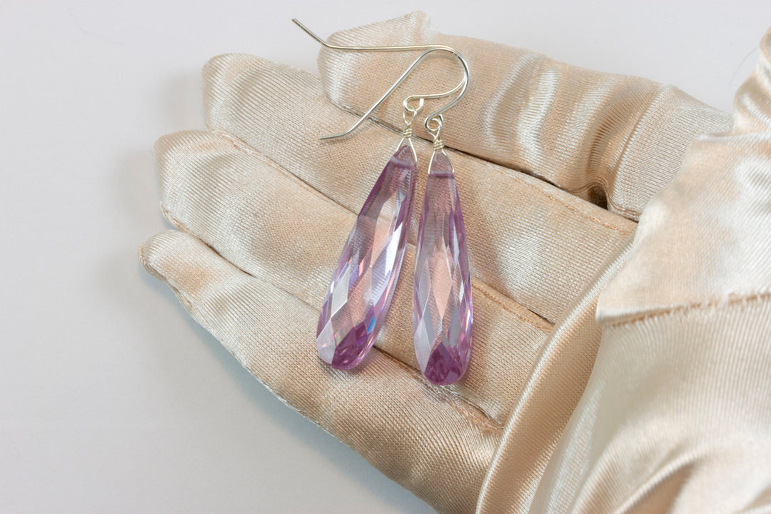 Cubic Zirconia Earrings Simulated Lavender Tanzanite Long Large Tear Drop  AAA CZ 14k solid Gold or Filled or Sterling Silver Simple 2 Inch