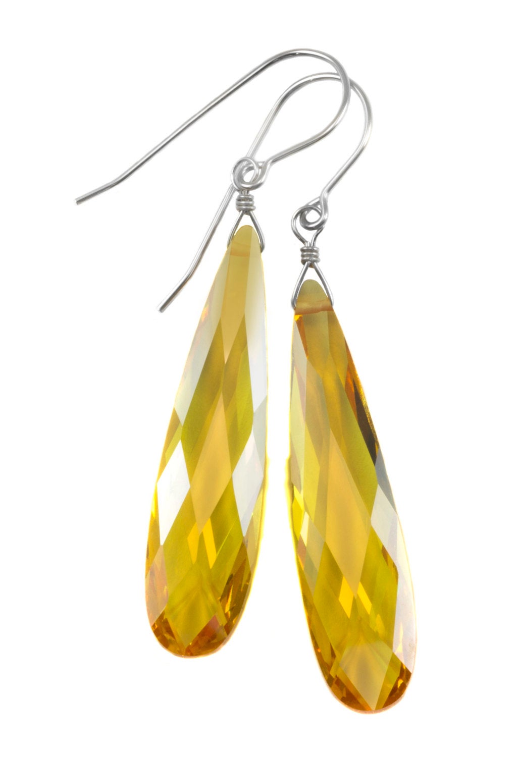 Cubic Zirconia Earrings Simulated Citrine Yellow Long Large Tear Drop  AAA CZ 14k Solid Gold or Filled or Sterling Silver Facet Simple 2 In