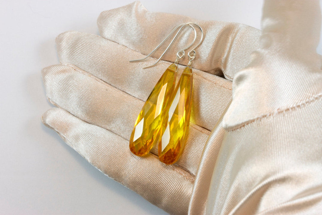 Cubic Zirconia Earrings Simulated Citrine Yellow Long Large Tear Drop  AAA CZ 14k Solid Gold or Filled or Sterling Silver Facet Simple 2 In