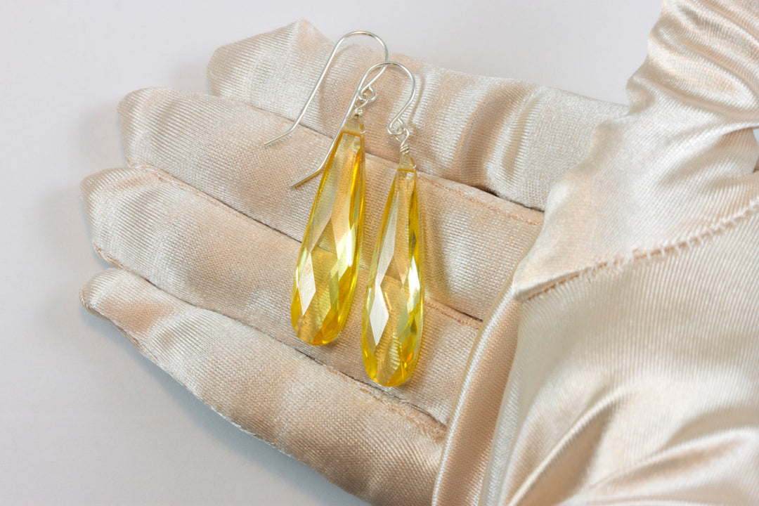 Cubic Zirconia Earrings Simulated Yellow Diamond Long Large Tear Drop AAA CZ 14k Solid Gold or Filled or Sterling Silver Facet Simple 2 Inch