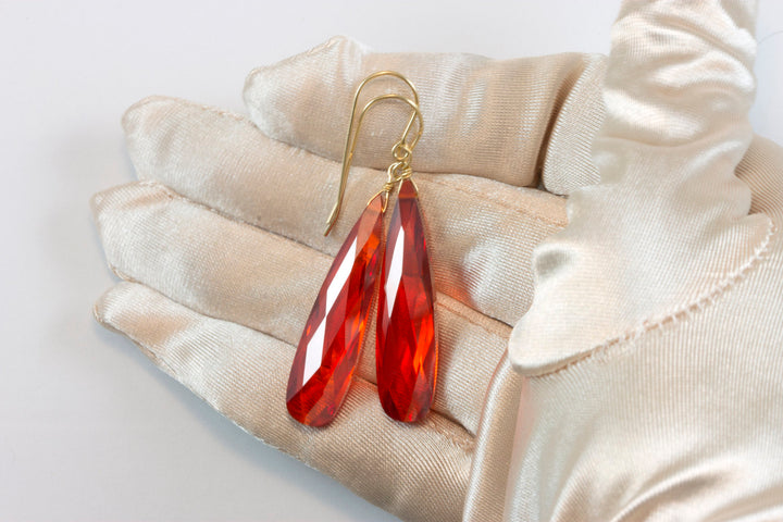 Cubic Zirconia Earrings Simulated Red Orange Sapphire Long Large Tear Drop AAA CZ 14k Solid Gold or Filled or Sterling Silver Faceted 2 Inch