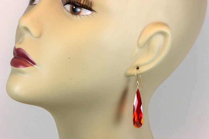 Cubic Zirconia Earrings Simulated Red Orange Sapphire Long Large Tear Drop AAA CZ 14k Solid Gold or Filled or Sterling Silver Faceted 2 Inch