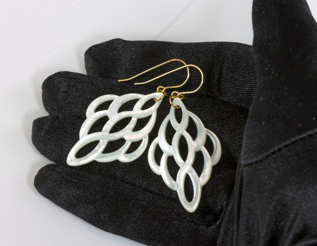 Mother of Pearl Earrings White Shell Carved Infinity Teardrop Natural 14k Gold Filled or Sterling Silver Large High Luster MOP Drops 2 Inch