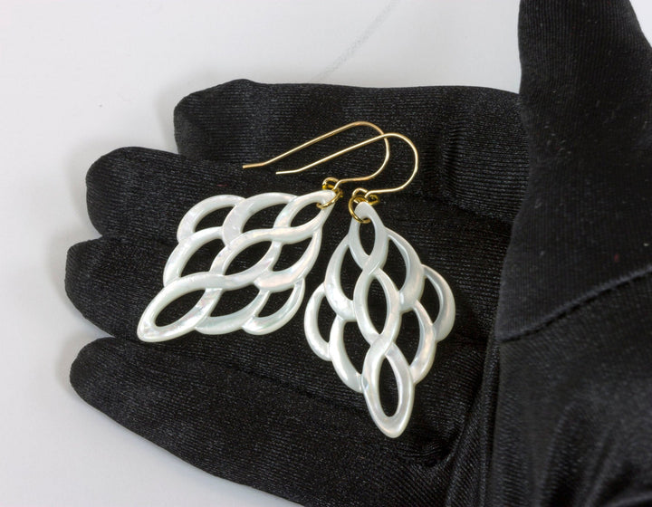 Mother of Pearl Earrings White Shell Carved Infinity Teardrop Natural 14k Gold Filled or Sterling Silver Large High Luster MOP Drops 2 Inch