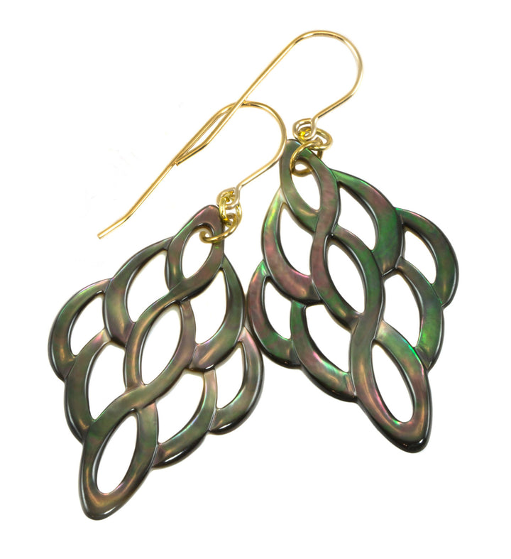 Mother of Pearl Earrings Peacock Black Shell Carved Infinity Teardrop Natural 14k Solid Gold or Filled or Sterling Silver Large MOP  2 Inch