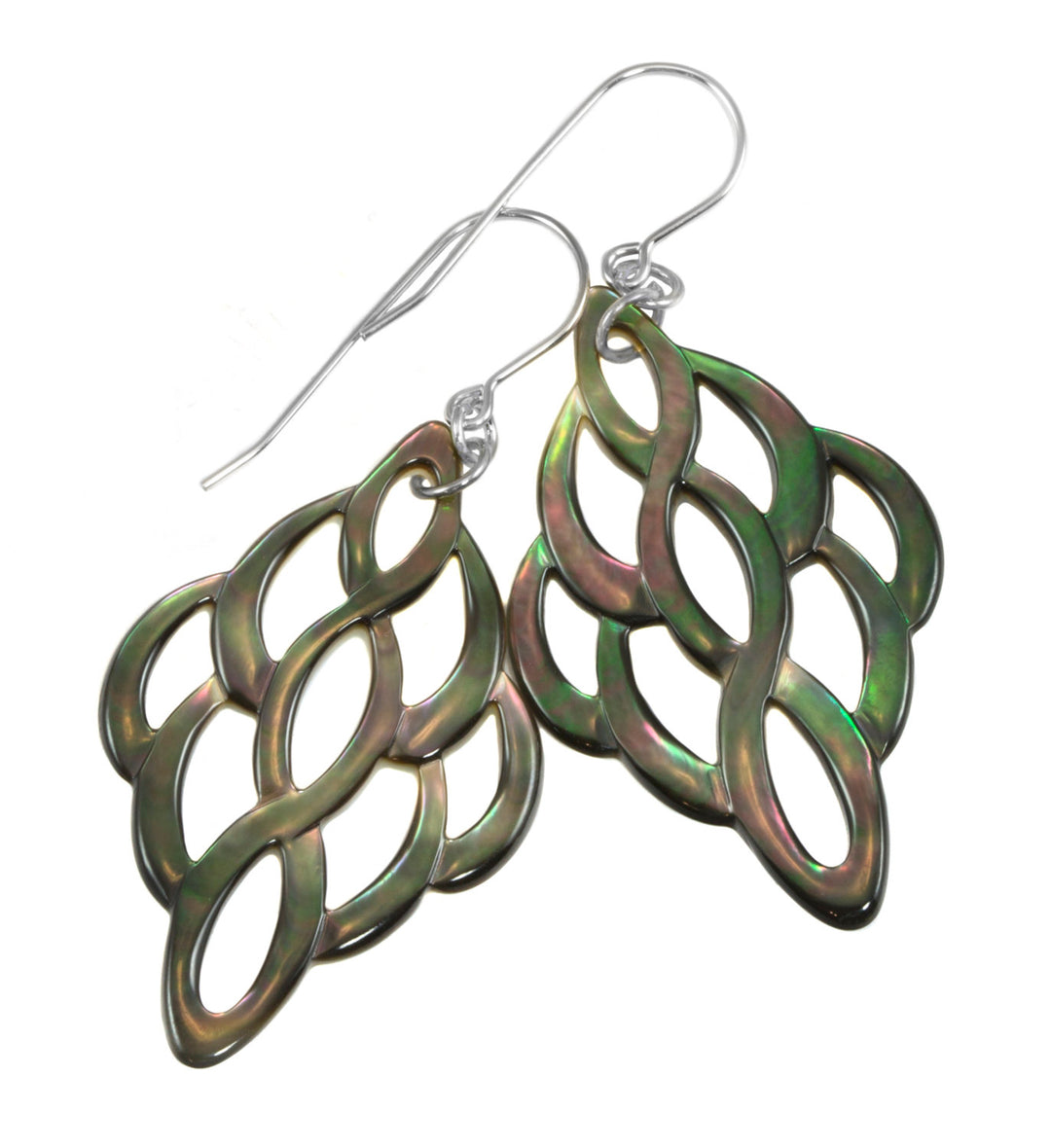 Mother of Pearl Earrings Peacock Black Shell Carved Infinity Teardrop Natural 14k Solid Gold or Filled or Sterling Silver Large MOP  2 Inch