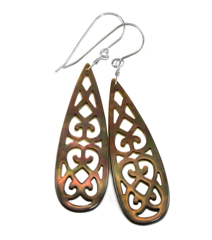 Mother of Pearl Earrings Peacock Black Shell Carved Relief Teardrop Natural 14k Solid Gold or Filled or Sterling Silver Large Luster MOP  2