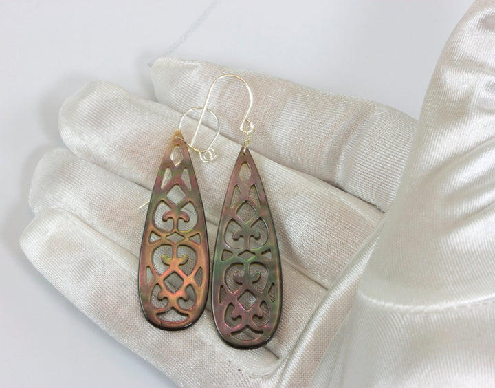 Mother of Pearl Earrings Peacock Black Shell Carved Relief Teardrop Natural 14k Solid Gold or Filled or Sterling Silver Large Luster MOP  2