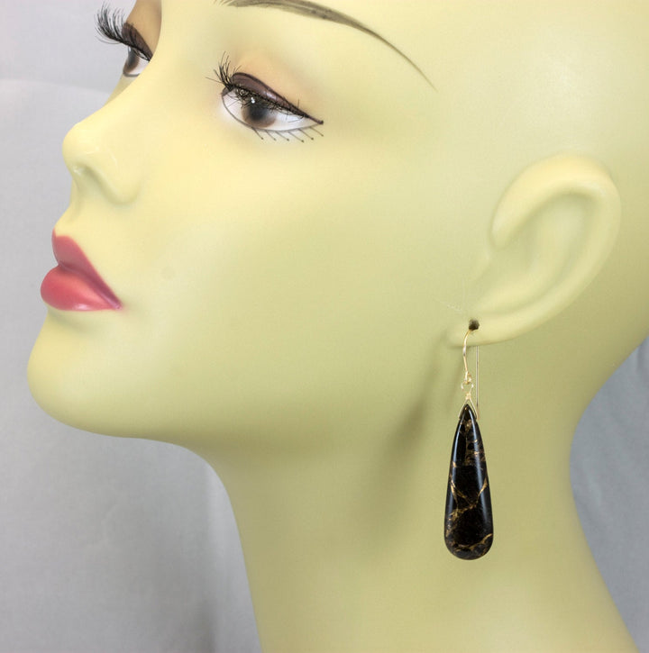 Copper Mosaic Obsidian Earrings Smooth Teardrop Sterling Silver or 14k Solid Gold or Filled Black Pear Long Unique Neutral Drops 2 Inch