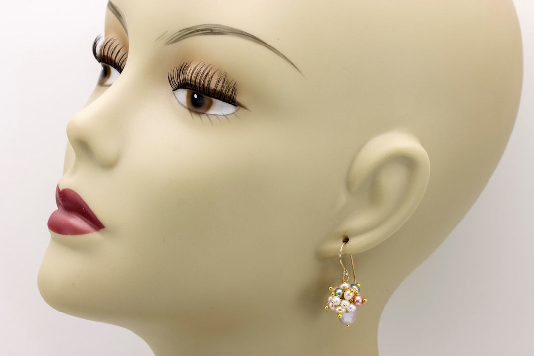 Pearl Earrings Cluster Style 14k Solid Gold or Filled French Ear Wires Pink Rose Potato Freshwater Simple Pearls Drops Clusters Pink White