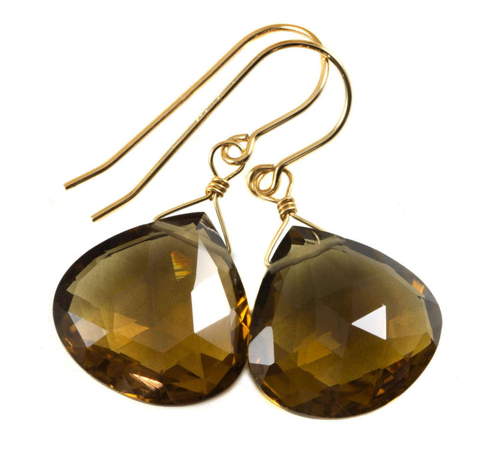 Whiskey Cognac Smoky Quartz Earrings Large Heart Sterling Silver or 14k Solid Gold or Yellow or Rose Filled Teardrop Natural Classic Drops