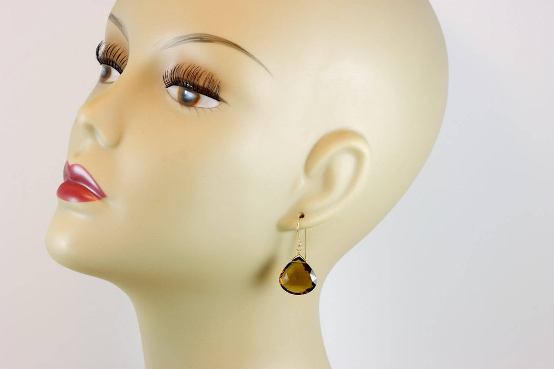 Whiskey Cognac Smoky Quartz Earrings Large Heart Sterling Silver or 14k Solid Gold or Yellow or Rose Filled Teardrop Natural Classic Drops