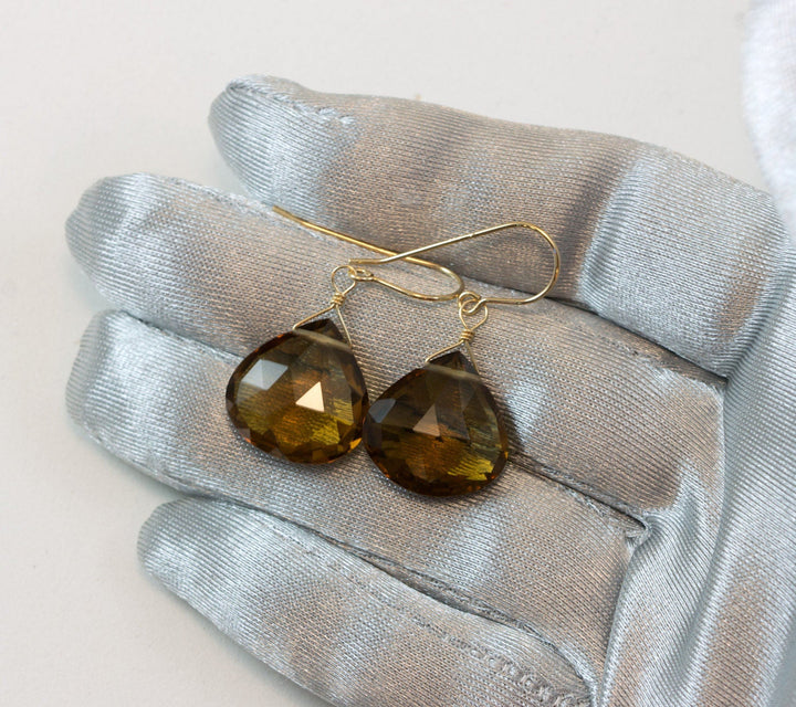 Whiskey Cognac Smoky Quartz Earrings Large Heart Sterling Silver or 14k Solid Gold or Yellow or Rose Filled Teardrop Natural Classic Drops
