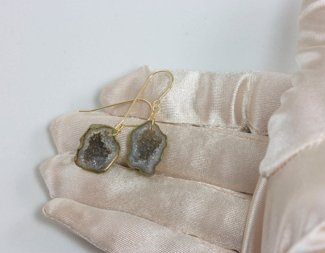 Baby Geode Earrings Tabasco Grey Druzy Oval 14k gold filled  Polished Drusy Paired AAA Natural Fine Small Drusy Geodes Earthy Drops