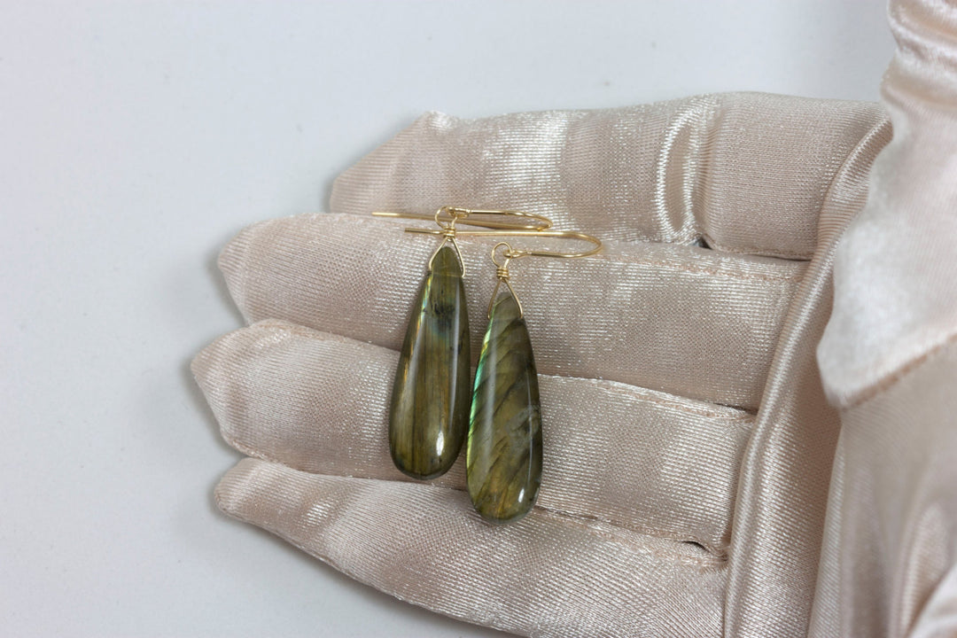 AAA Labradorite Smooth Long Teardrop Large Solid 14k Gold or Filled yellow gold or Sterling Silver Earrings Gold Green Blue Flash simple
