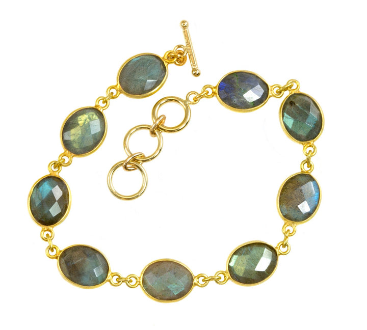 Labradorite Bracelet Blue Flash Labradorite 7 to 8 Inch Adjustable Bezel Set Faceted Oval Shape Cabochons AAA Quality Toggle Clasp