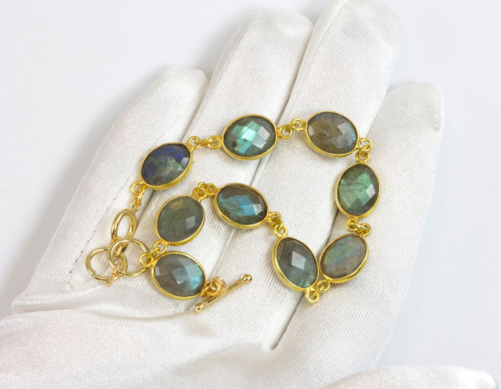 Labradorite Bracelet Blue Flash Labradorite 7 to 8 Inch Adjustable Bezel Set Faceted Oval Shape Cabochons AAA Quality Toggle Clasp