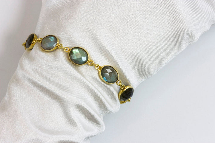 Labradorite Bracelet Blue Flash Labradorite 7 to 8 Inch Adjustable Bezel Set Faceted Oval Shape Cabochons AAA Quality Toggle Clasp