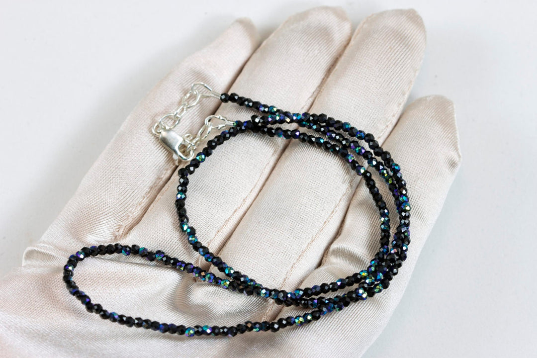 Black Spinel Necklace Sterling Silver or 14k Gold Filled 2 to 3mm 18 Inch Faceted AAA Solid Beaded Strand Natural Faceted Mystic Blue Finish