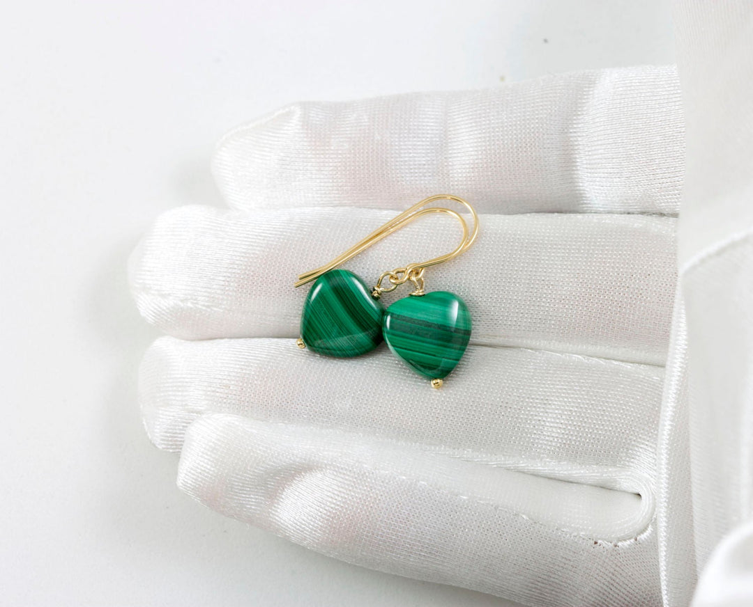 Malachite Earrings Green Heart shaped smooth Natural Dangle Drops Sterling Silver or 14k Solid Yellow Gold or Filled simple small dainty