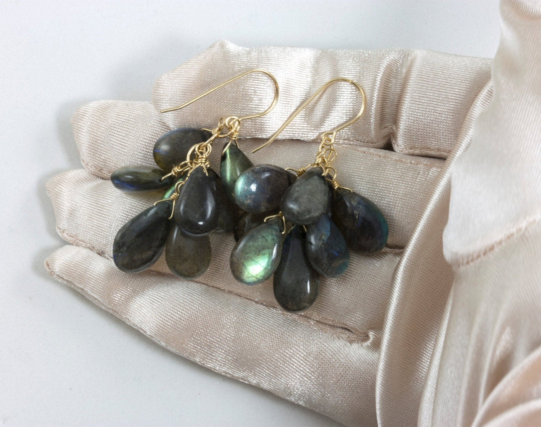 Labradorite  Earrings 14k Solid Gold or Filled Cluster Style Smooth Teardrop Large Earrings AAA Blue Green Golden Flash Pear 2 Inch Natural