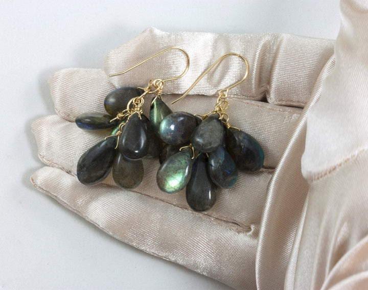 Labradorite  Earrings 14k Solid Gold or Filled Cluster Style Smooth Teardrop Large Earrings AAA Blue Green Golden Flash Pear 2 Inch Natural