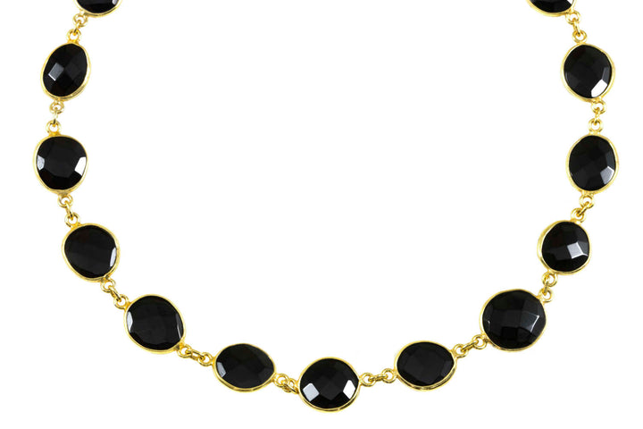 Black Onyx Necklace Bezel Set Stones Off Round Off Oval 26 Inch 14k Gold Filled Large Classic Versatile Design Lobster Clasp