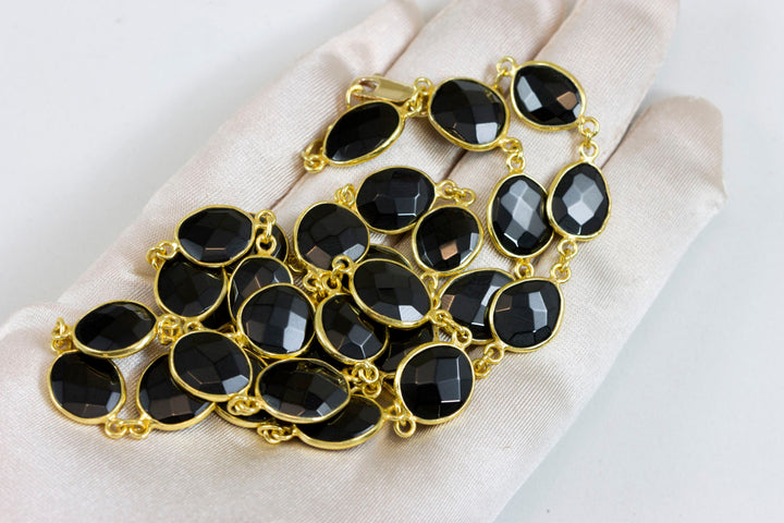 Black Onyx Necklace Bezel Set Stones Off Round Off Oval 26 Inch 14k Gold Filled Large Classic Versatile Design Lobster Clasp