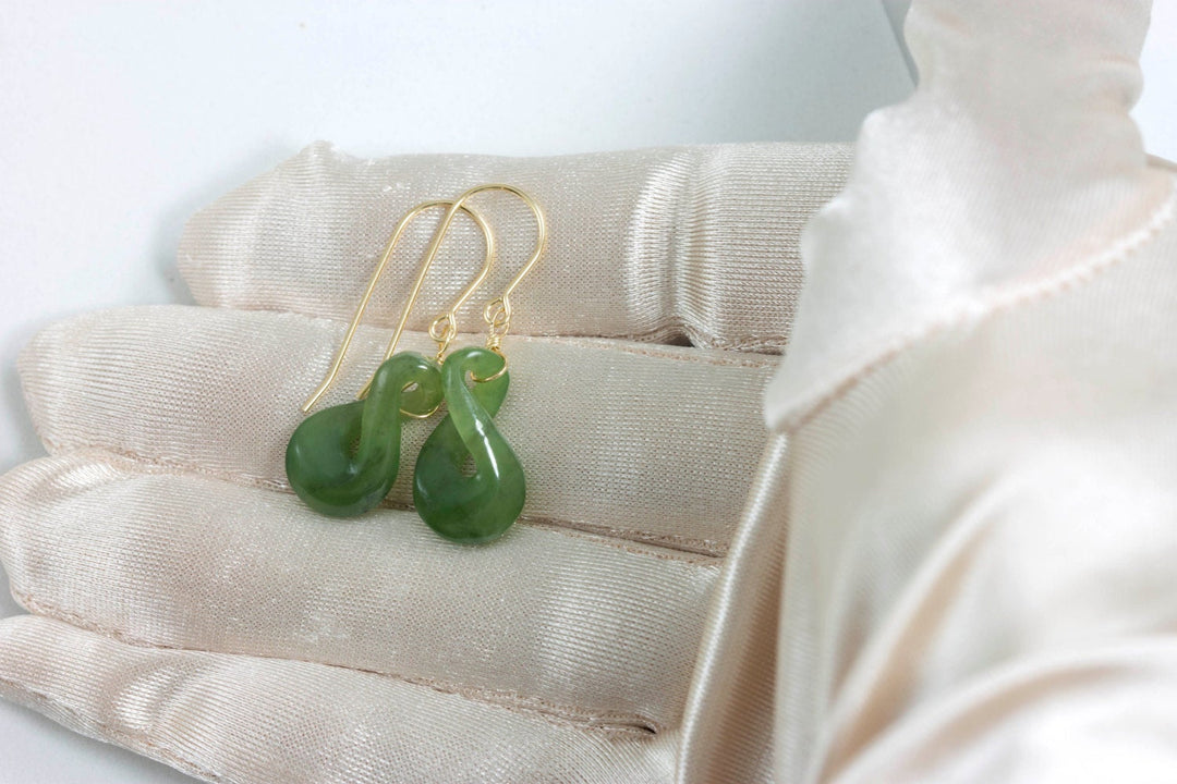 Natural Nephrite Green Jade Earrings Carved Double Infinity Teardrop 14k solid yellow gold or filled or Sterling Silver unique simple drops