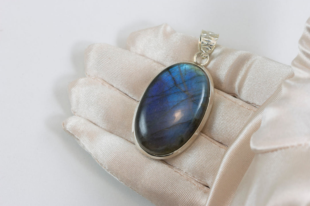 Labradorite Necklace Pendant  Sterling Silver Long Large Oval Cabachon Large Shape AAA Spyglass Designs Natural Deep Blue Flash Simple