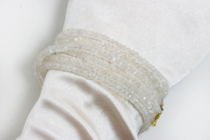Moonstone Necklace or Wrap Bracelet Faceted 14k Gold Plate or Sterling Silver 22 6 7  Inches Natural Rainbow Blue Two Strands Versatile