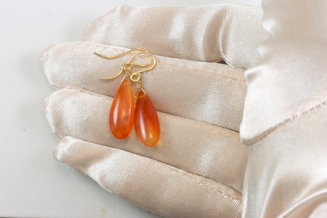 Carnelian Earrings Smooth Long Teardrop Sterling Silver or 14k Solid Gold or Filled natural earthy orange Chalcedony simple drops spyglass