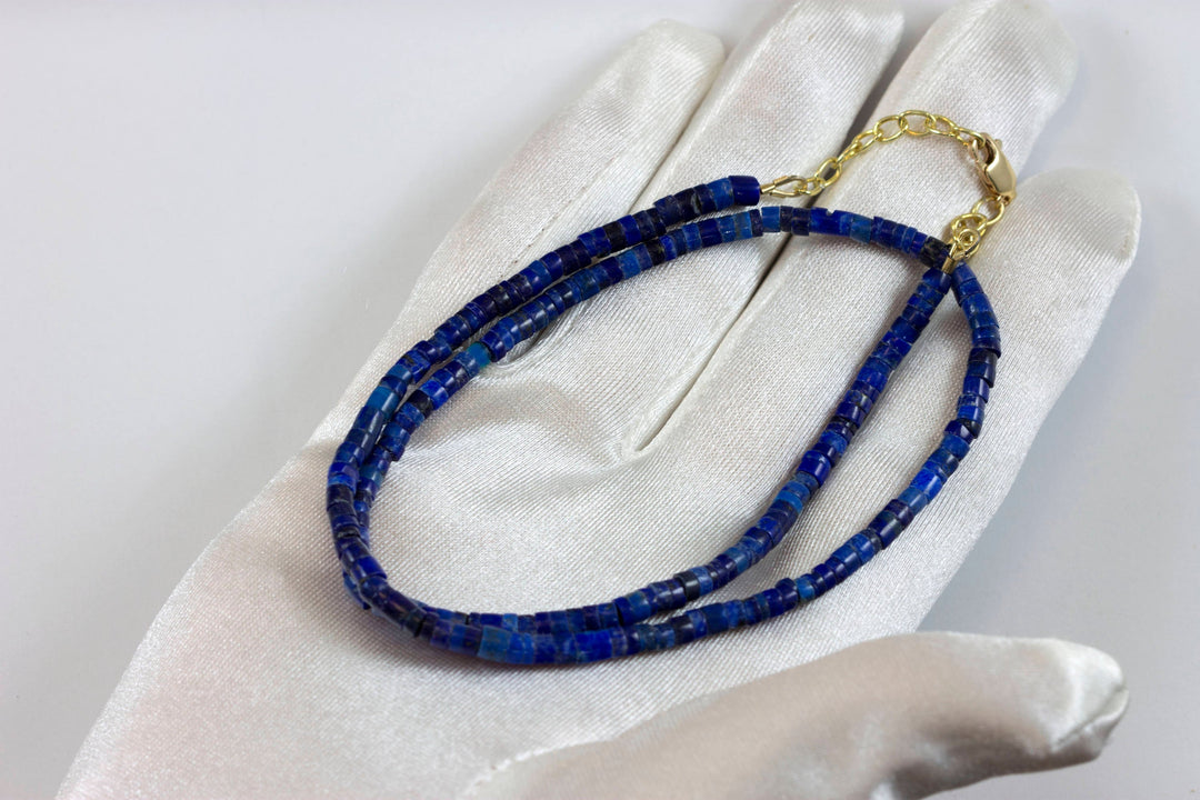 Lapis Lazuli Blue Necklace Natural Smooth Heishi Beaded 14k Gold Filled or Sterling Silver 18 19 Inches Simple Everyday Wear Heshi Cut