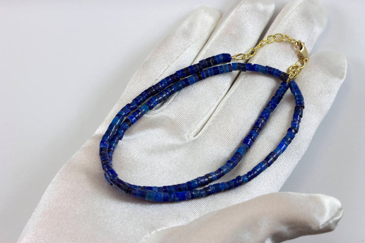Lapis Lazuli Blue Necklace Natural Smooth Heishi Beaded 14k Gold Filled or Sterling Silver 18 19 Inches Simple Everyday Wear Heshi Cut