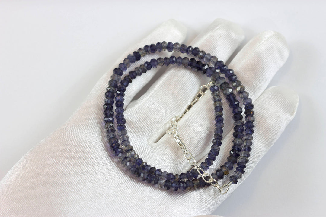 Blue Iolite Necklace 14k Gold filled or sterling silver 18 19 Inch Chain Faceted  Natural Earthy Gemstones Solid Strand 4mm Blue Gray