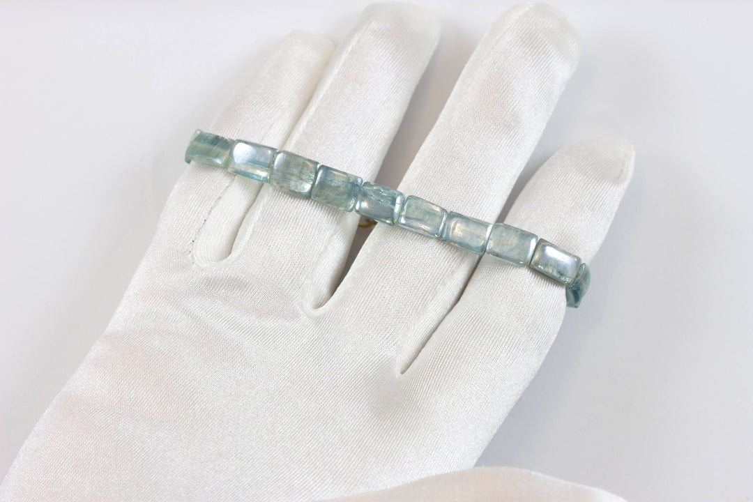 Kyanite Bracelet Yellow 14k Gold Plate or Silver Silvery Blue Very Rare Rectangle Cut and Color 7" Iridescent Unique Color