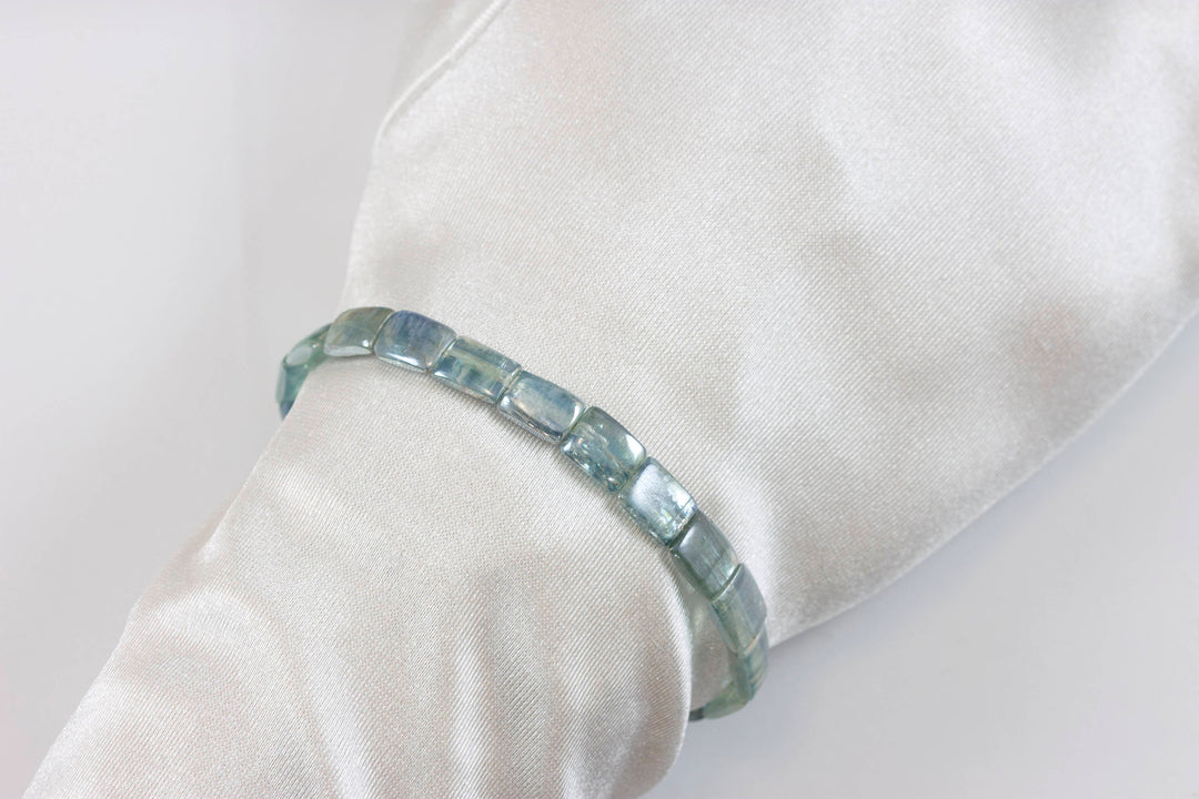 Kyanite Bracelet Yellow 14k Gold Plate or Silver Silvery Blue Very Rare Rectangle Cut and Color 7" Iridescent Unique Color