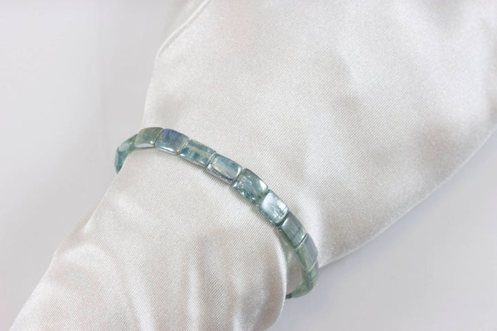 Kyanite Bracelet Yellow 14k Gold Plate or Silver Silvery Blue Very Rare Rectangle Cut and Color 7" Iridescent Unique Color