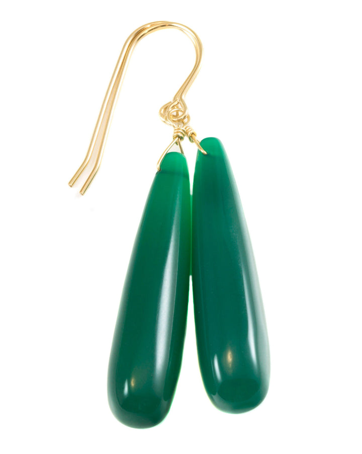 Green Onyx Earrings Smooth Long AAA Drop Dangle Large Narrow Teardrop Sterling Silver or 14k Gold Filled Rich Emerald Green Color Drops