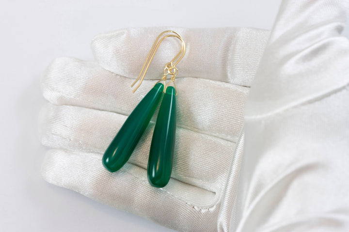 Green Onyx Earrings Smooth Long AAA Drop Dangle Large Narrow Teardrop Sterling Silver or 14k Gold Filled Rich Emerald Green Color Drops