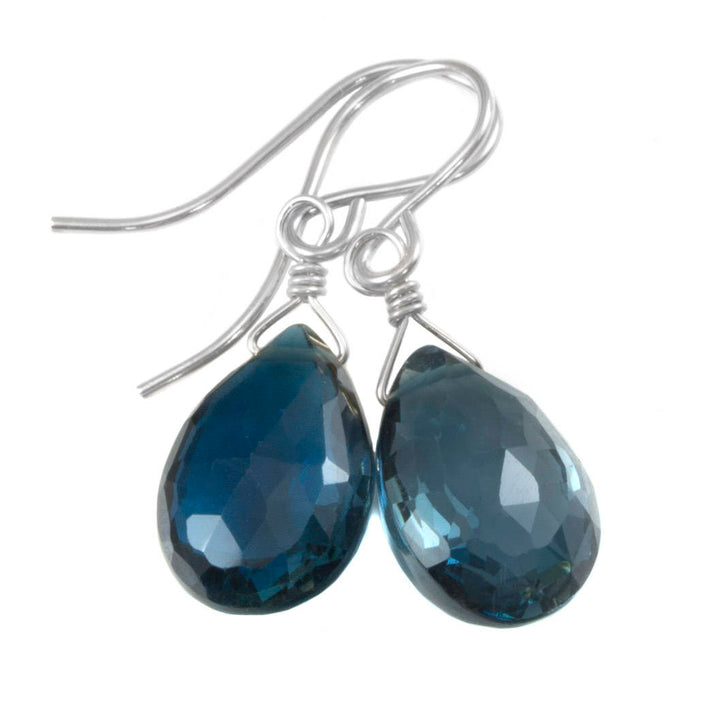 London Blue Topaz Earrings Real Faceted Briolette  Drops Sterling Silver or 14k Solid Gold or Filled Simple Classic Natural Topaz Smokey