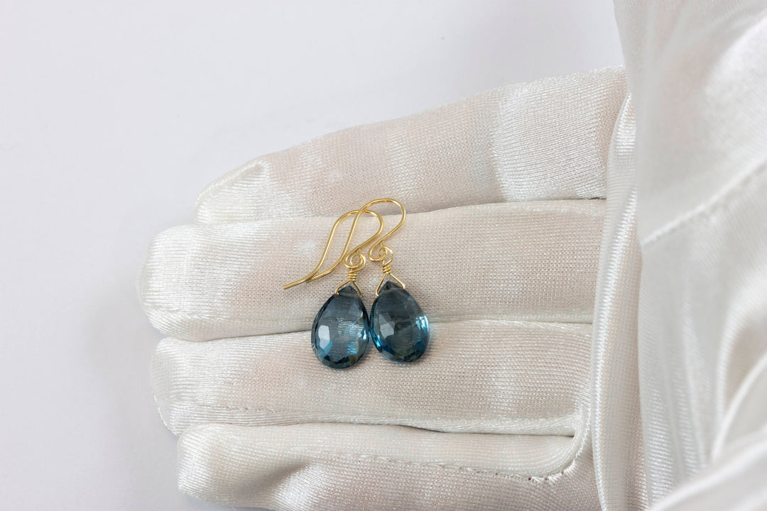 London Blue Topaz Earrings Real Faceted Briolette  Drops Sterling Silver or 14k Solid Gold or Filled Simple Classic Natural Topaz Smokey