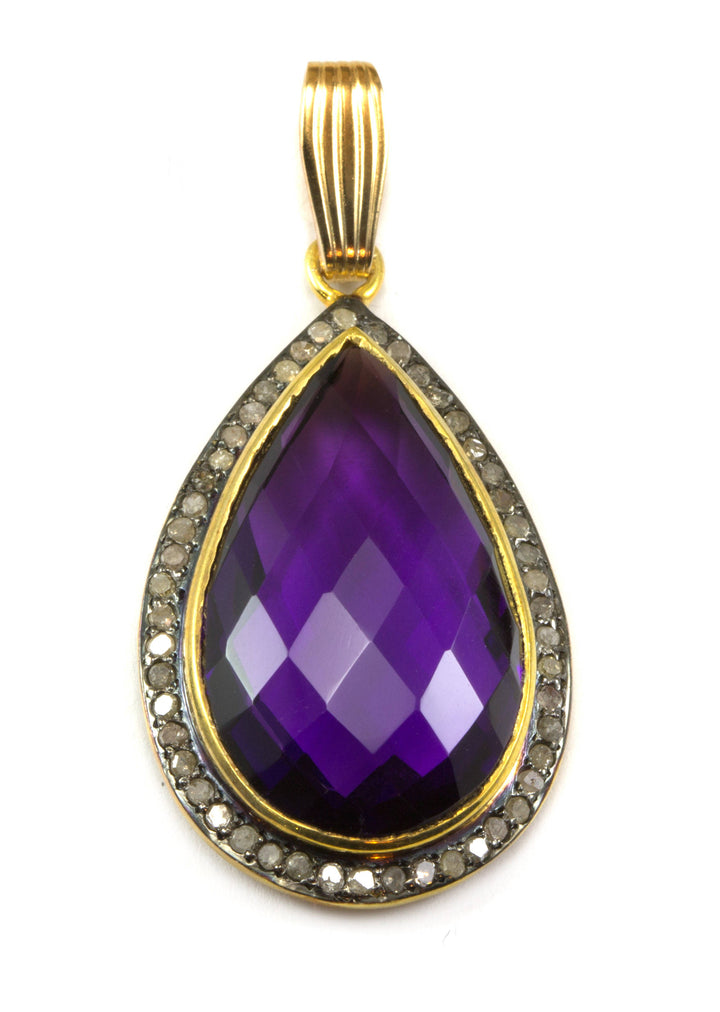 Purple Amethyst Necklace Pendant 14k Gold Filled Pave Champagne Diamonds surround Bezel Set Rhodium accent large teardrop faceted stone